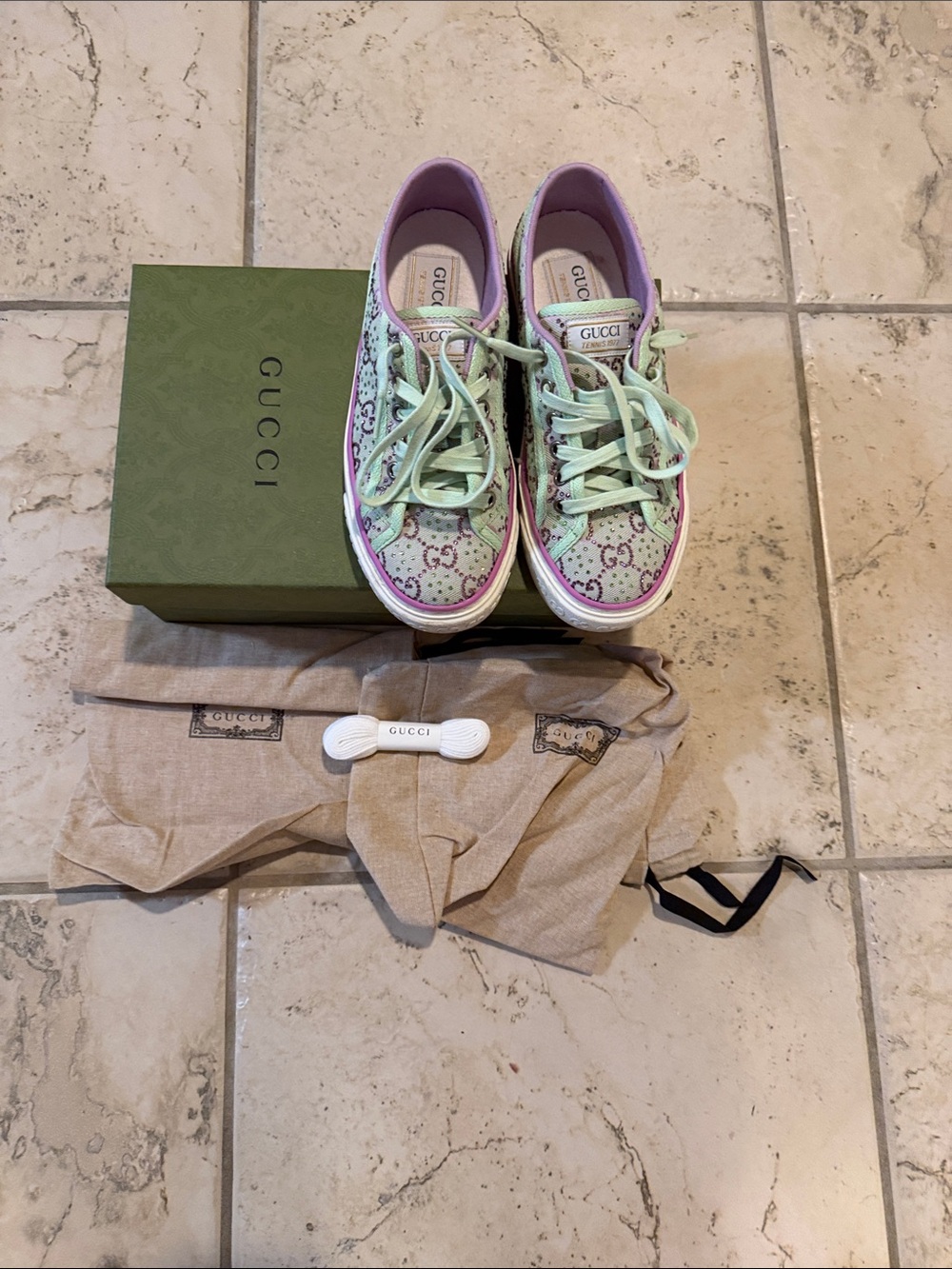Gucci Women’s Mint Green and Lavender GG Canvas Low-Top Sneakers